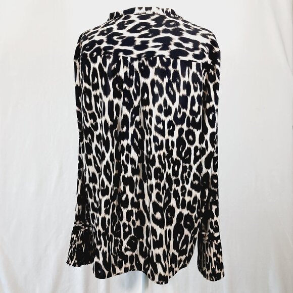 Calvin Klein XL Leopard Long Sleeve Top W/ Ruffled Sleeve Hem, 1/4 Button Front - Picture 6 of 16